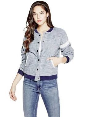 GUESS Dobby Sporty Bomber Denim-look Baseball Jacket in blue, XS